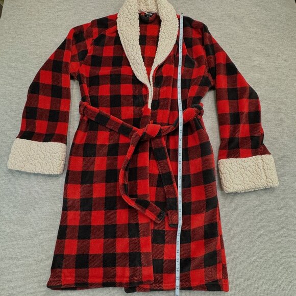 Red Black Buffalo Plaid Sherpa Fleece Robe Womens L Tie Waist Pockets Just Love - Picture 12 of 16